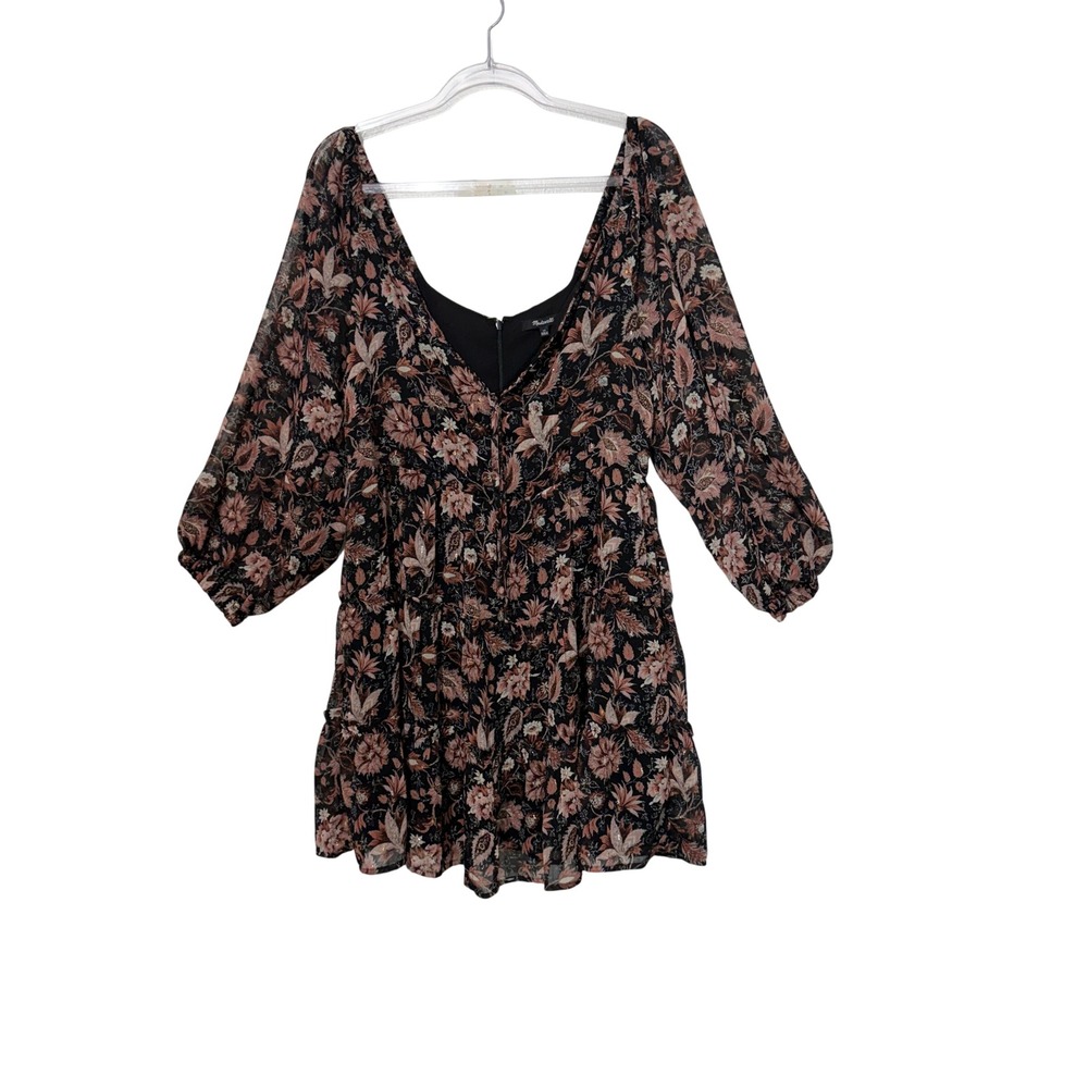 Madewell Mini Dress Womens 14 Black Floral NI659 Metallic Tiered Balloon Sleeve